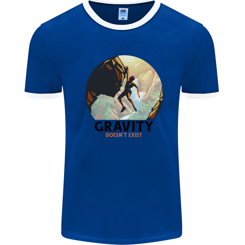 Rock Climbing Gravity Doesnt Exist Climber Mens Ringer T-Shirt Royal Blue/White