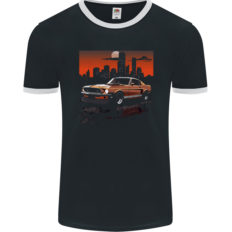 Muscle Car City Backdrop With Sunset Mens Ringer T-Shirt FotL Black/White