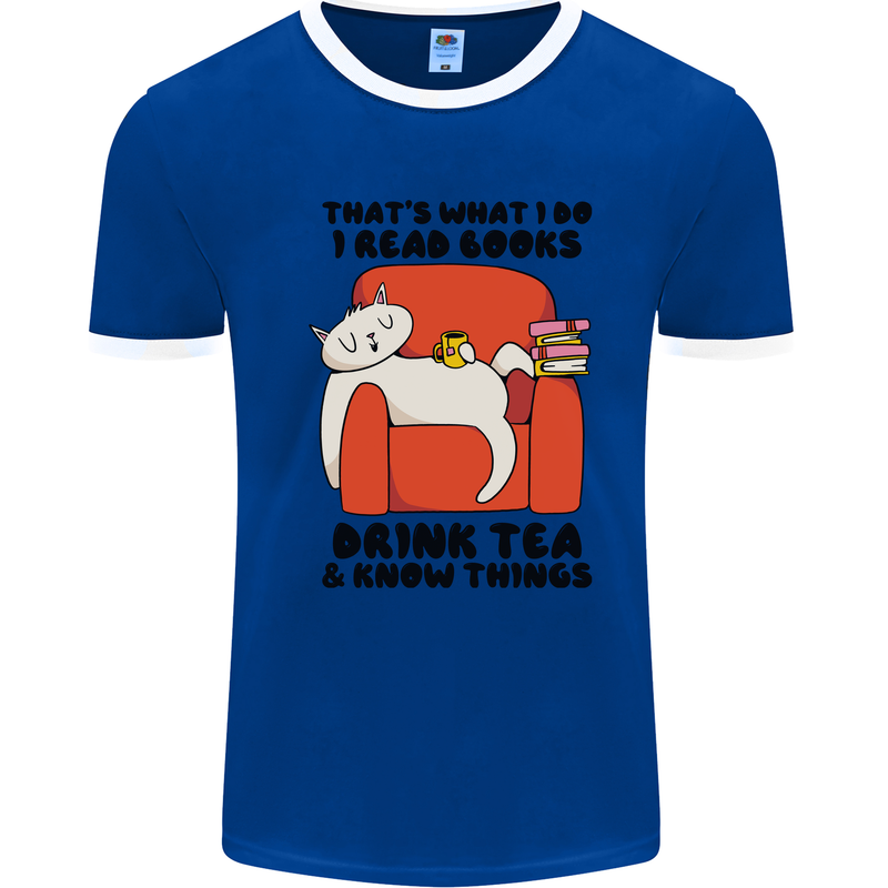 I Drink Tea and Know Things Funny Cat Mens Ringer T-Shirt Royal Blue/White