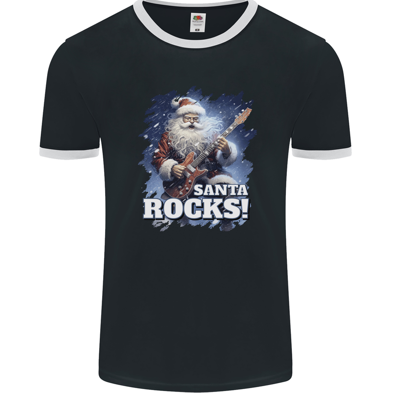 Santa Rocks Christmas Guitar Music Heavy Metal Mens Ringer T-Shirt FotL Black/White