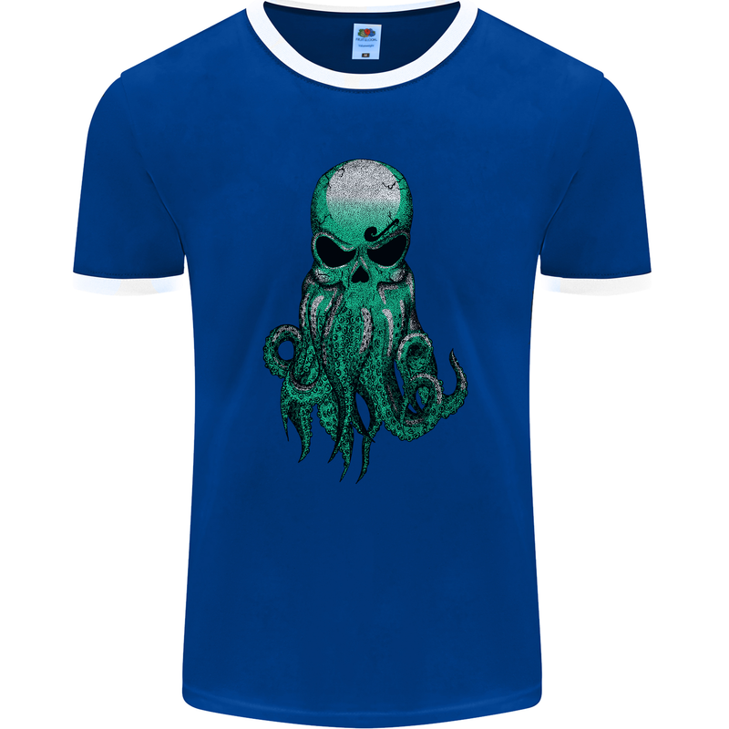 Cthulhu Green Kraken Octopus Skull Mens Ringer T-Shirt FotL Royal Blue/White