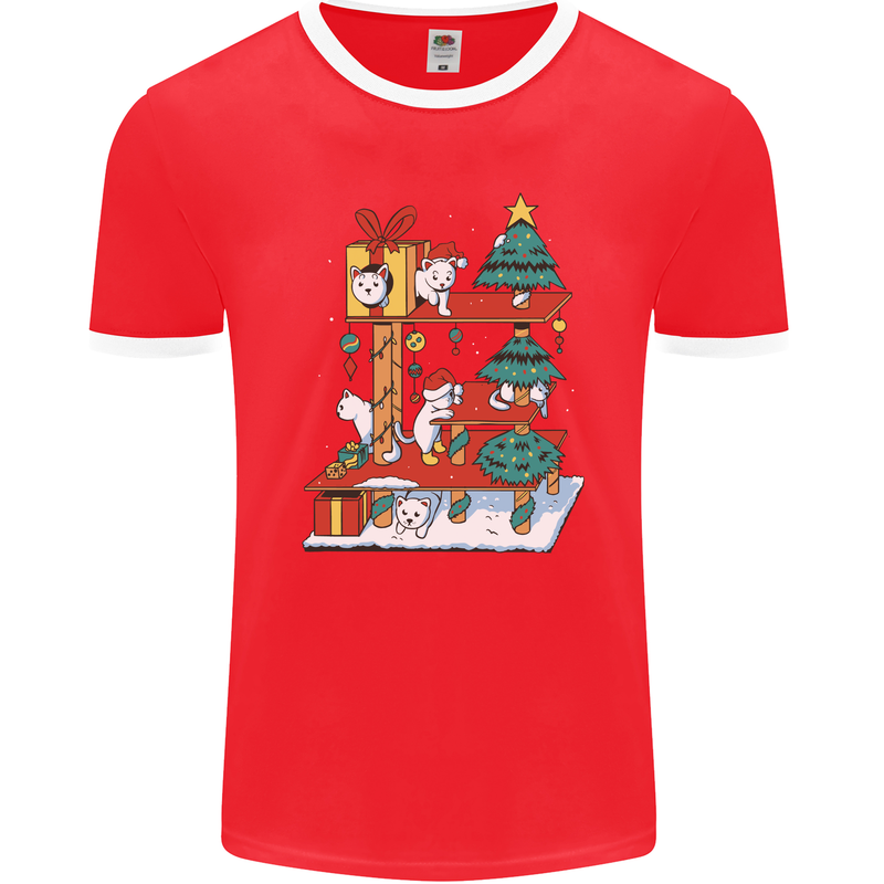 Christmas Cat House Funny Winter Xmas Mens Ringer T-Shirt FotL Red/White