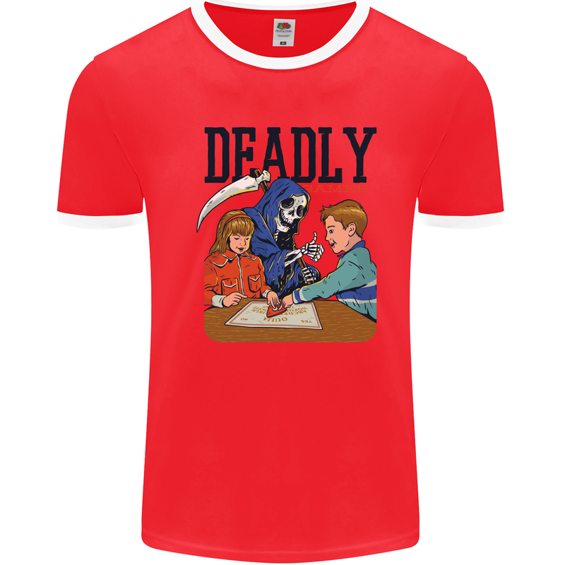 Deadly Games Ouija Board For Kids Grim Reaper Mens Ringer T-Shirt Red/White