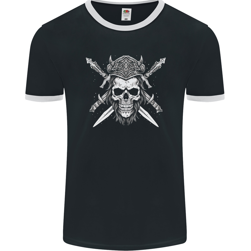 Viking Skull With Swords Warrior Gym MMA Mens Ringer T-Shirt FotL Black/White