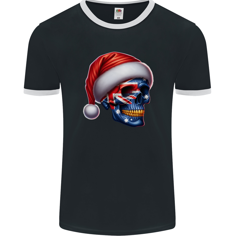 Australia Christmas Skull Australian Flag Biker Mens Ringer T-Shirt FotL Black/White