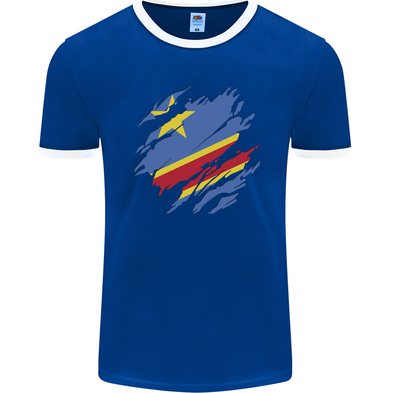 Torn DR Congo Flag Congolese Day Football Mens Ringer T-Shirt FotL Royal Blue/White