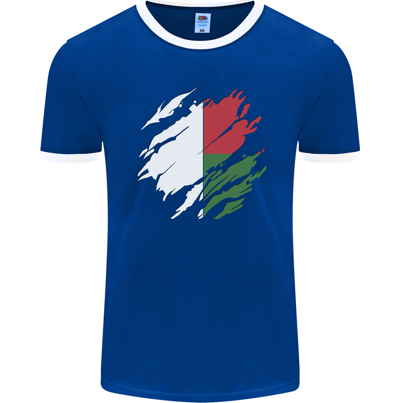 Torn Madagascar Flag Madagascan Day Football Mens Ringer T-Shirt FotL Royal Blue/White