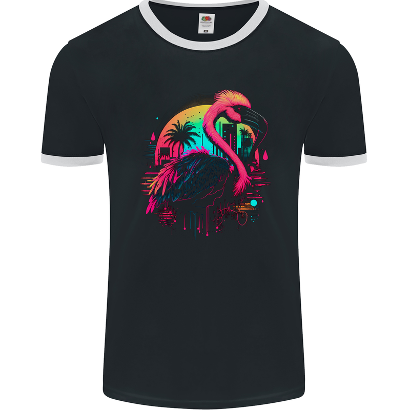 A Retro Flamingo Mens Ringer T-Shirt FotL Black/White