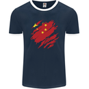 Torn China Flag Chinese Day Football Mens Ringer T-Shirt FotL Navy Blue/White