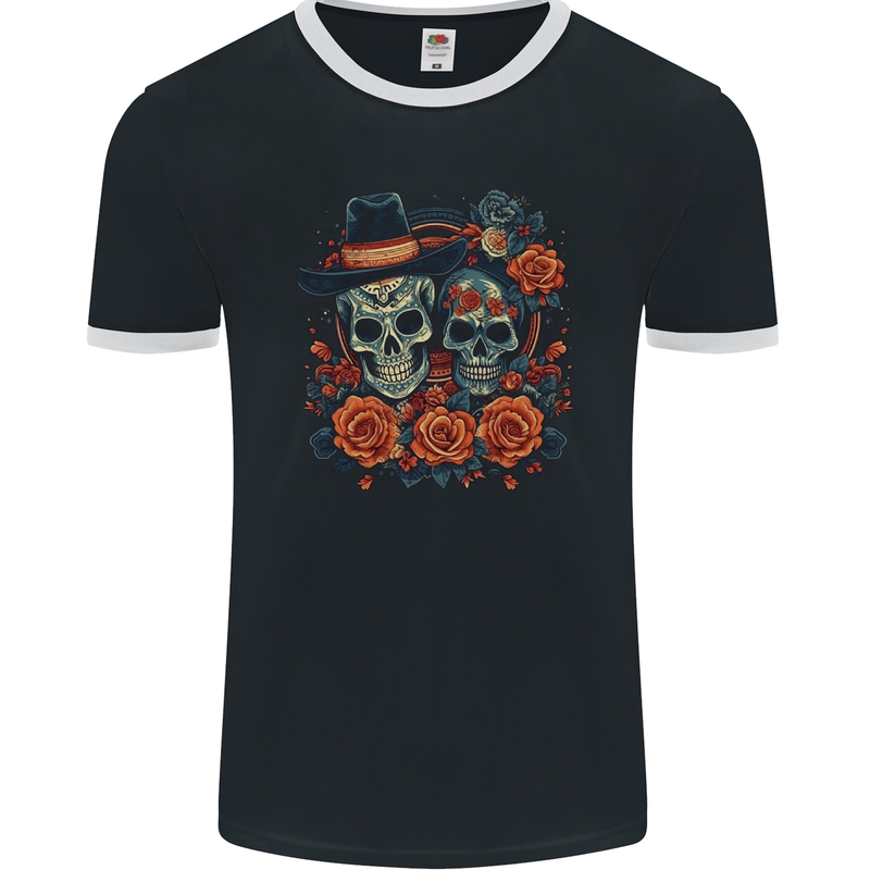 Day of the Dead Sugar Skull Love Couple Mens Ringer T-Shirt FotL Black/White