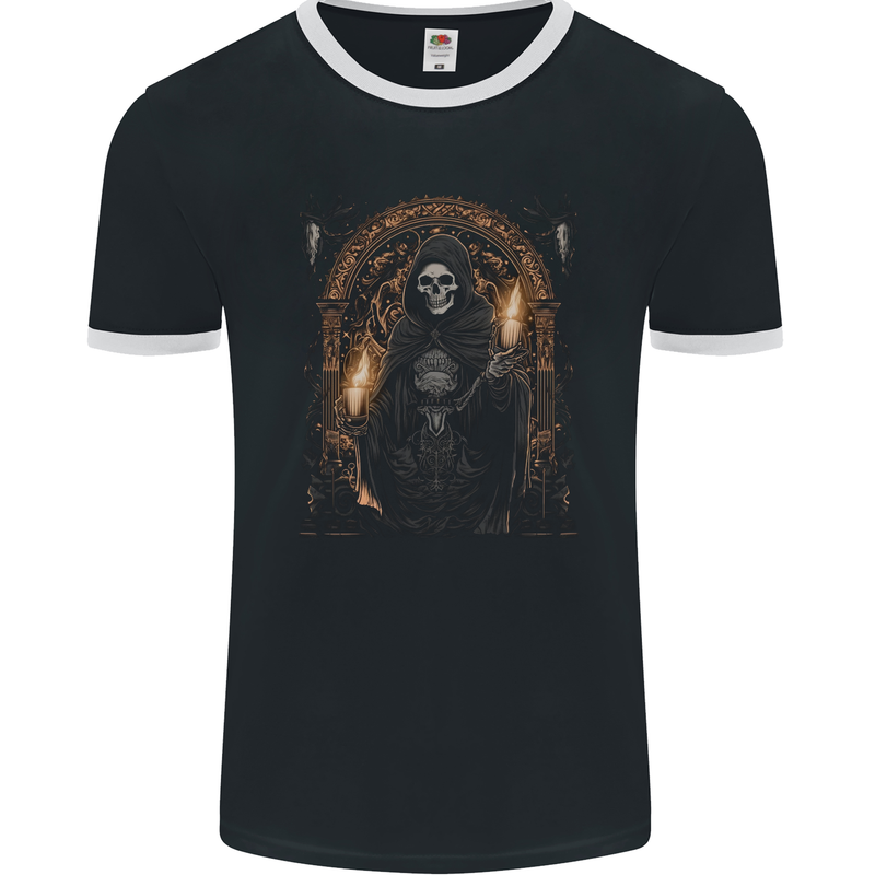 Gothic Grim Reaper Goth Heavy Metal Skull 14 Mens Ringer T-Shirt FotL Black/White