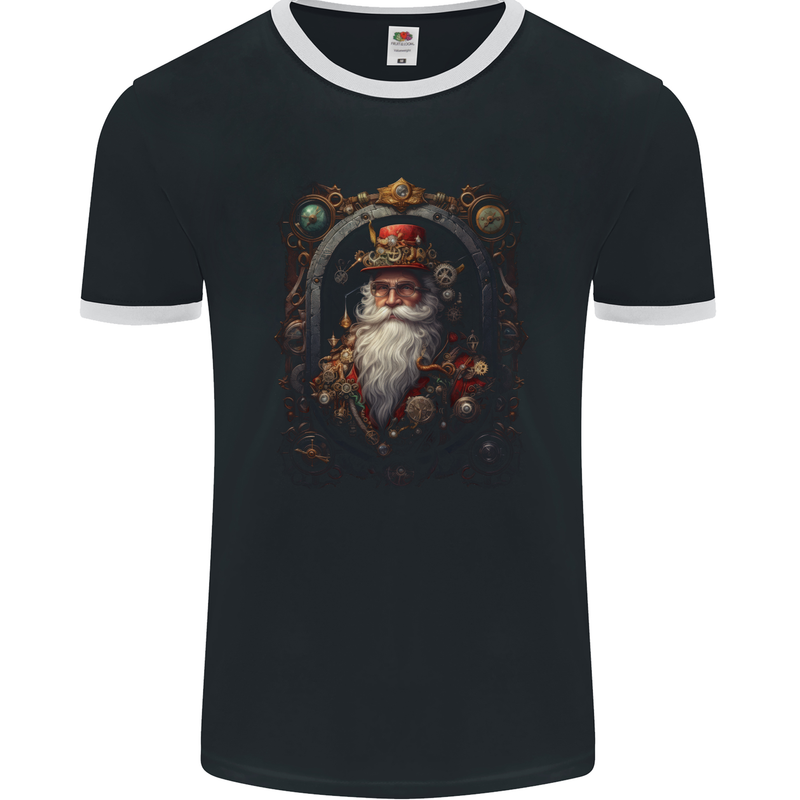 Steampunk Santa Claus Xmas Christmas Mens Ringer T-Shirt FotL Black/White