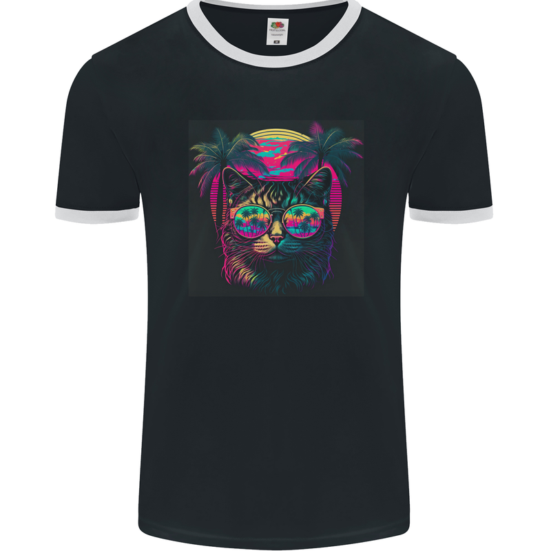 A Cool Retro Cat Mens Ringer T-Shirt FotL Black/White