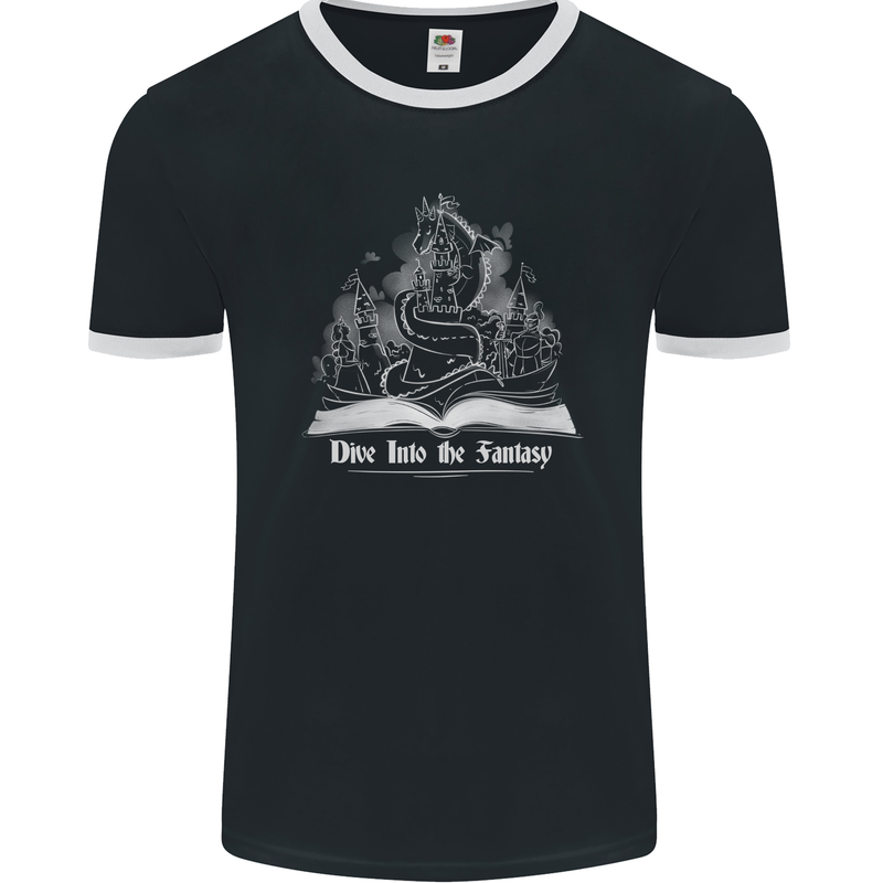 Dive into Fantasy Book Reading Bookworm Dragon Mens Ringer T-Shirt FotL Black/White