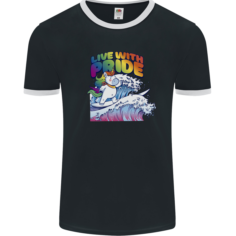 LGBT Live With Pride Unicorn Gay Pride Awareness Mens Ringer T-Shirt FotL Black/White