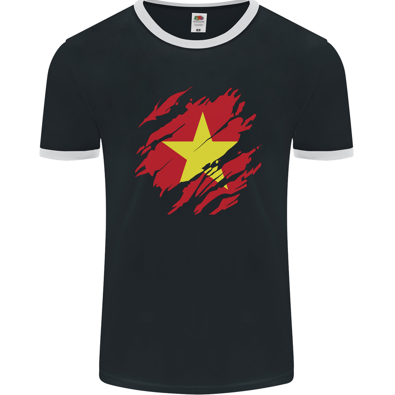 Torn Vietnam Flag Vietnamese Day Football Mens Ringer T-Shirt FotL Black/White