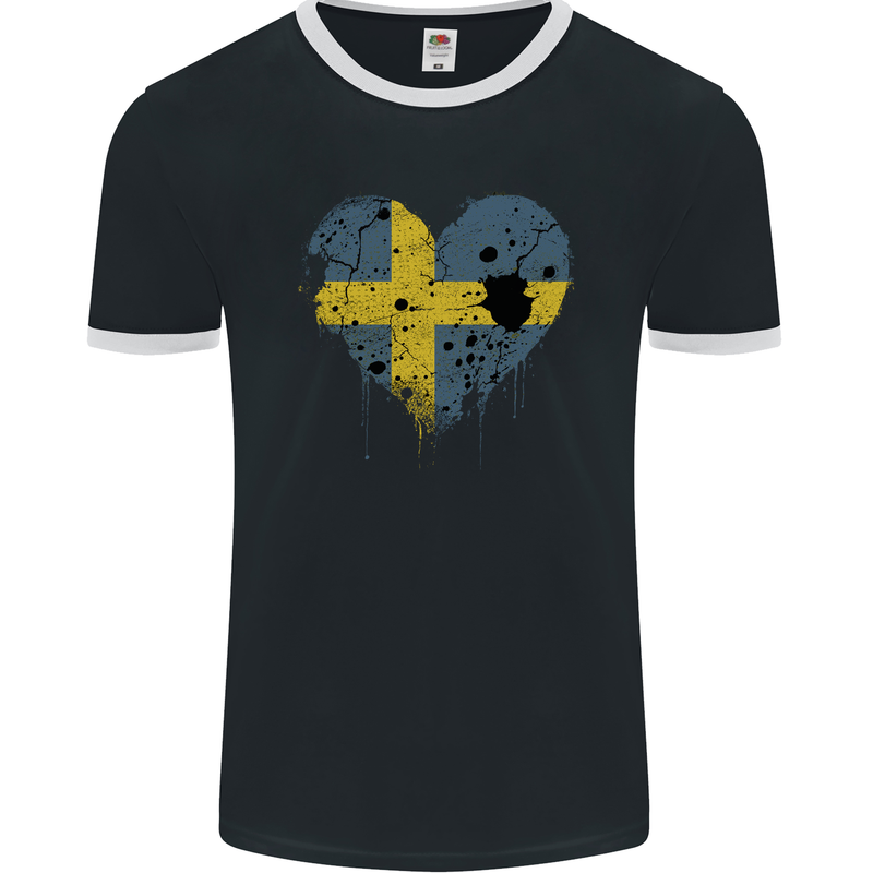 Love Swedish Flag Sweden Day Football Mens Ringer T-Shirt FotL Black/White