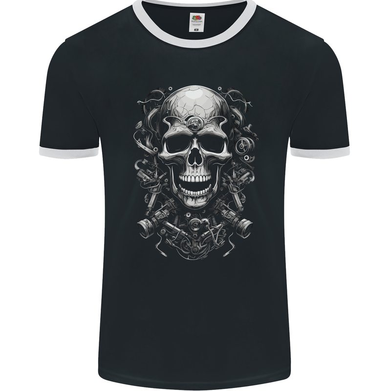 Engine Skull Motorcycle Biker Mechanic Car Mens Ringer T-Shirt FotL Black/White