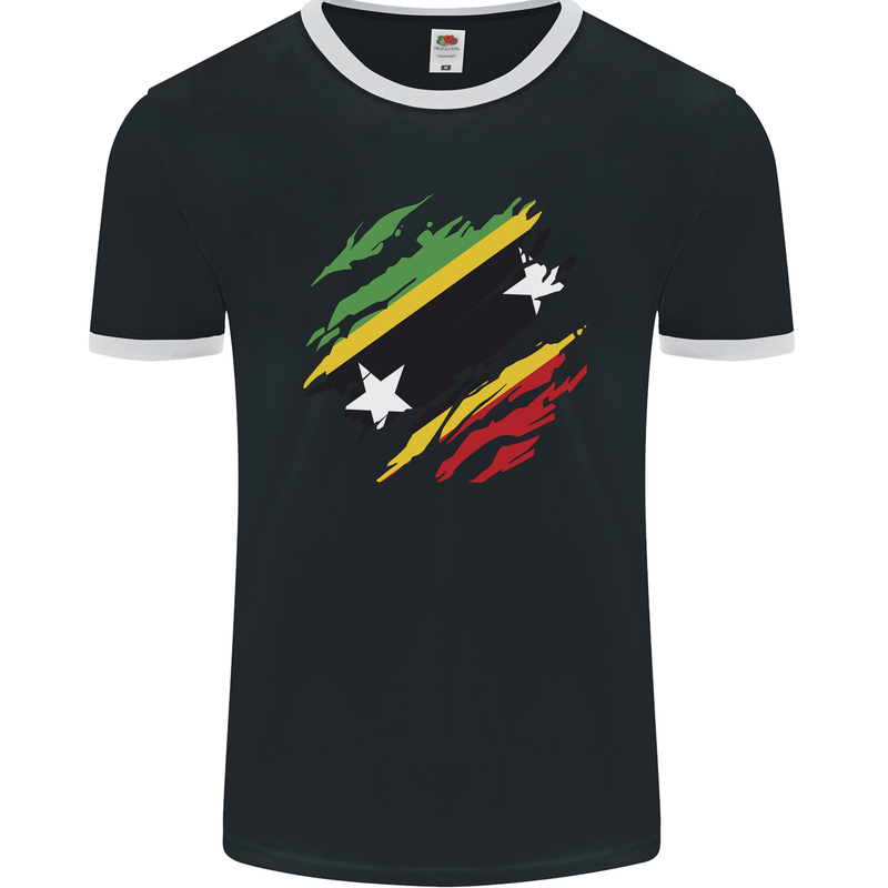 Torn Saint Kitts and Nevis Flag Day Football Mens Ringer T-Shirt FotL Black/White