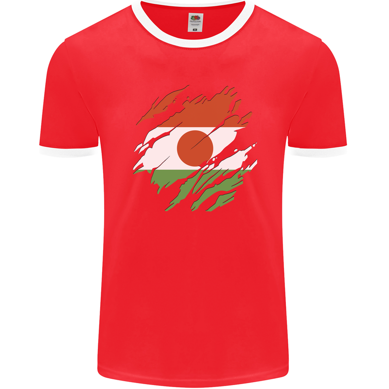 Torn Niger Flag Nigerien Day Football Mens Ringer T-Shirt FotL Red/White