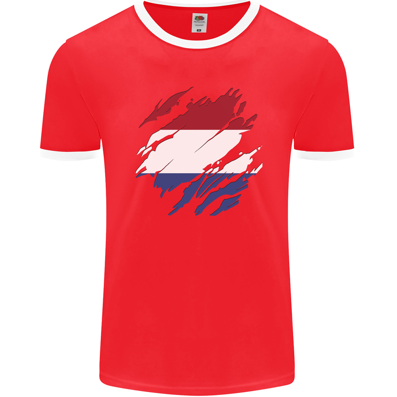 Torn Netherlands Flag Holland Dutch Day Football Mens Ringer T-Shirt FotL Red/White