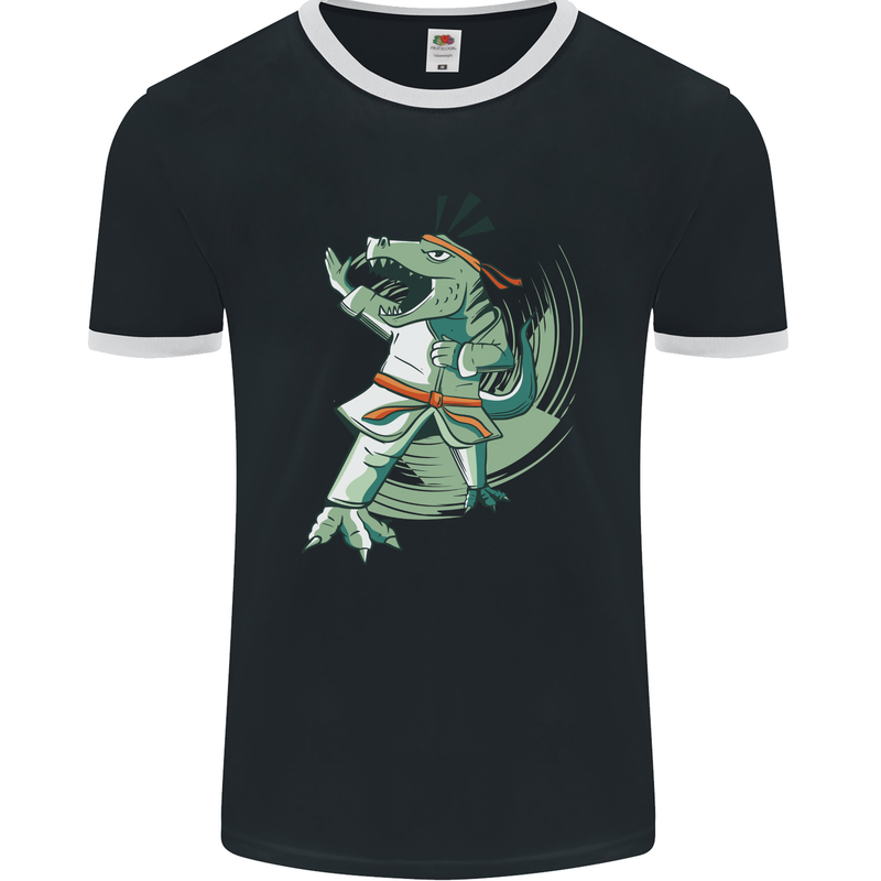 Karate T-Rex Dinosaur Mens Ringer T-Shirt FotL Black/White