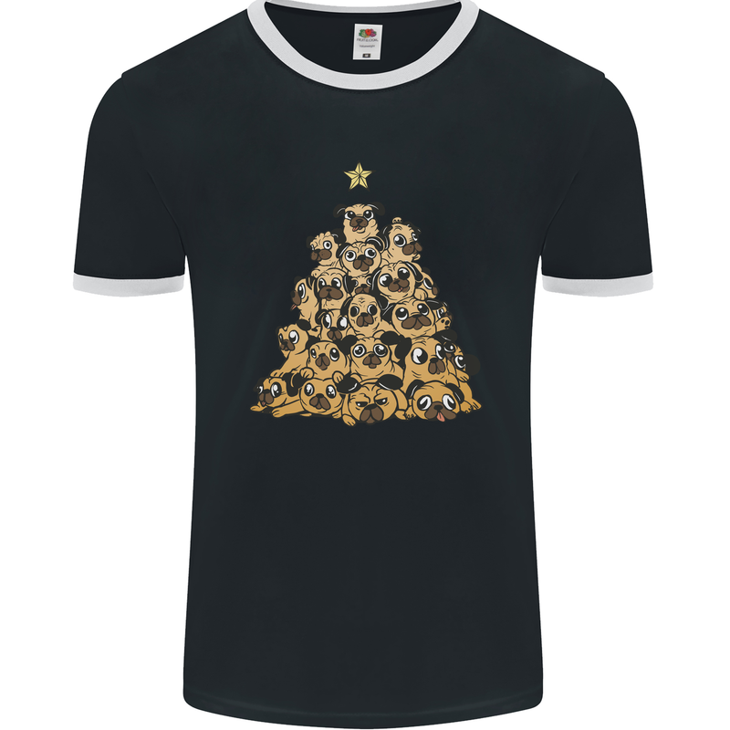 Christmas Pug Funny Dog Xmas Tree Mens Ringer T-Shirt FotL Black/White