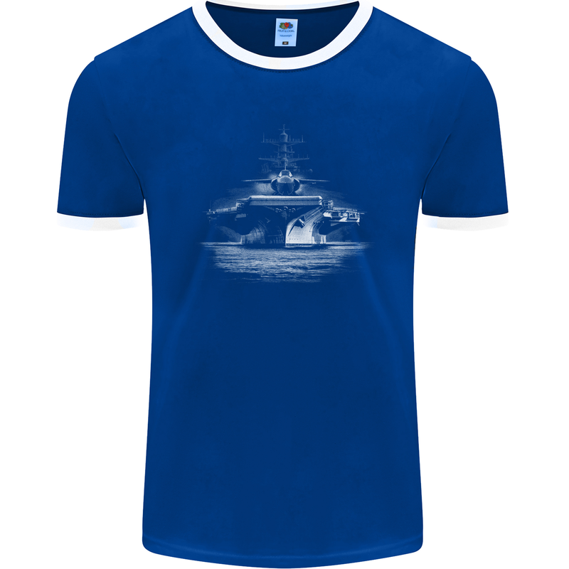 Aircraft Carrier Royal Navy Ship Sailor Mens Ringer T-Shirt FotL Royal Blue/White