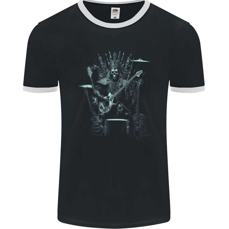 Heavy Metal Throne Skull Rock Music Guitar Mens Ringer T-Shirt FotL Black/White