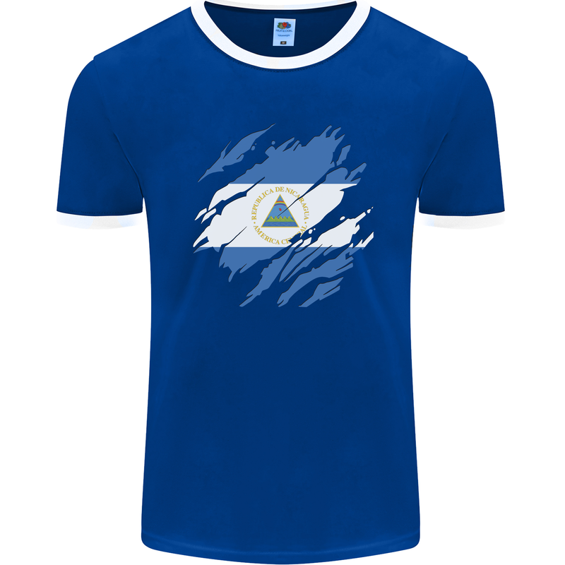 Torn Nicaragua Flag Nicaraguan Day Football Mens Ringer T-Shirt FotL Royal Blue/White