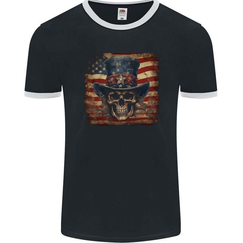 Uncle Sam Skull With USA Flag Fantasy America Mens Ringer T-Shirt FotL Black/White