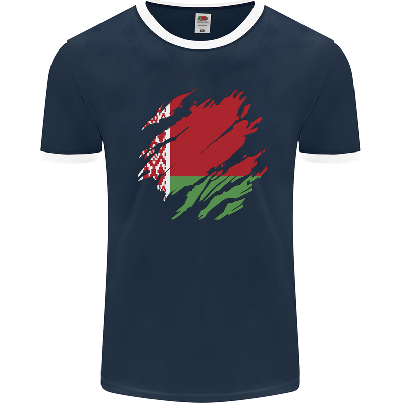 Torn Belarus Flag Belarusian Day Football Mens Ringer T-Shirt FotL Navy Blue/White