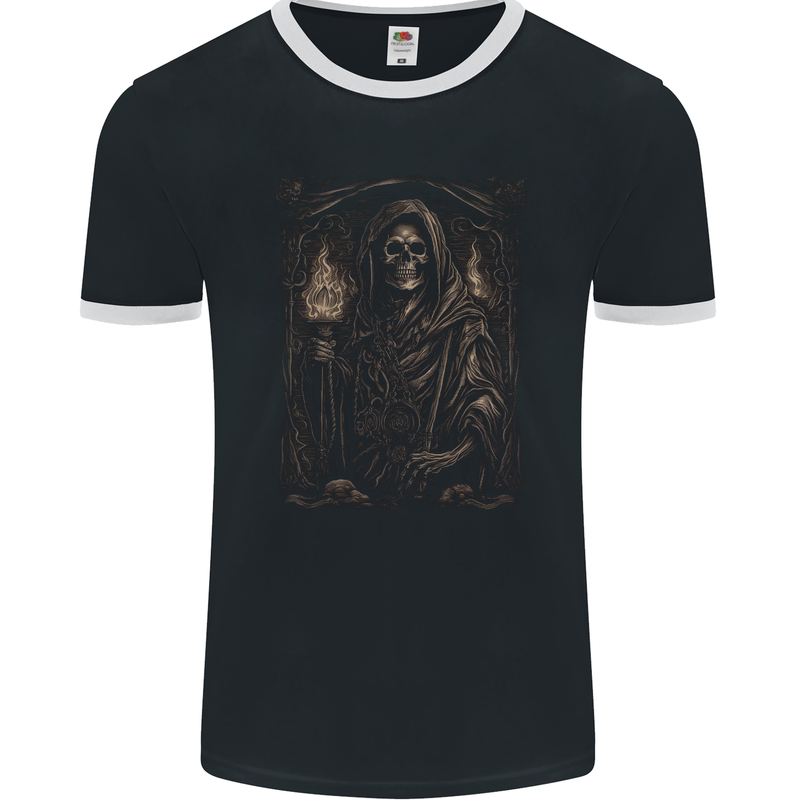 Gothic Grim Reaper Goth Heavy Metal Skull 10 Mens Ringer T-Shirt FotL Black/White