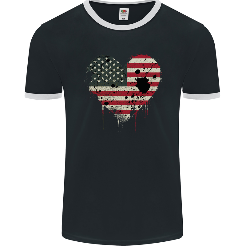 Love USA Flag Independence Day American Mens Ringer T-Shirt FotL Black/White