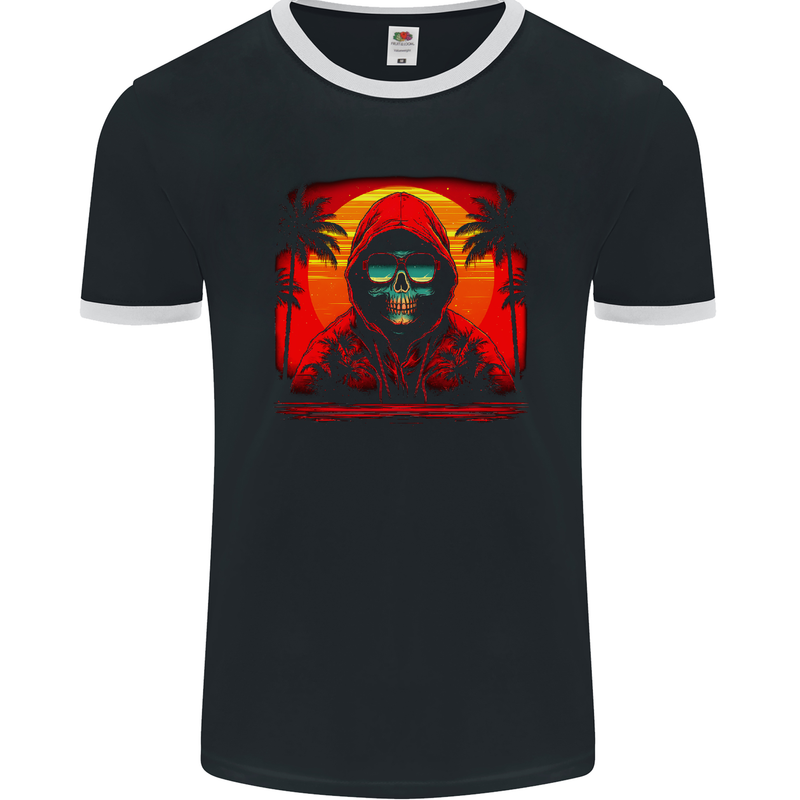 A Retrowave Skeleton With Holiday Sunset Skull Mens Ringer T-Shirt FotL Black/White