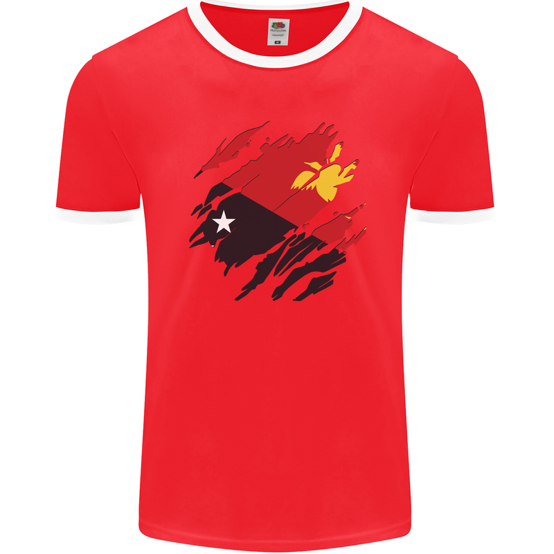 Torn Papua New Guinea Flag Day Football Mens Ringer T-Shirt FotL Red/White