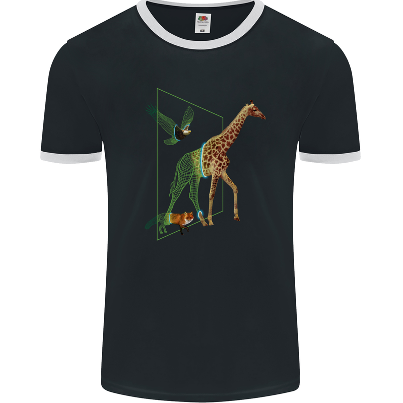 A SCI-FI Giraffe Eagle & Fox Mens Ringer T-Shirt FotL Black/White