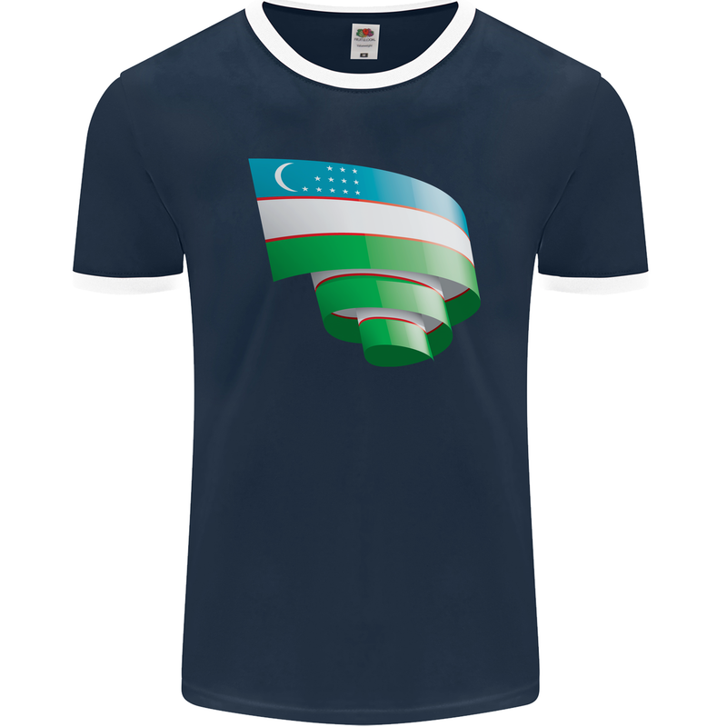 Curled Uzbekistan Flag Ukbek Day Football Mens Ringer T-Shirt FotL Navy Blue/White
