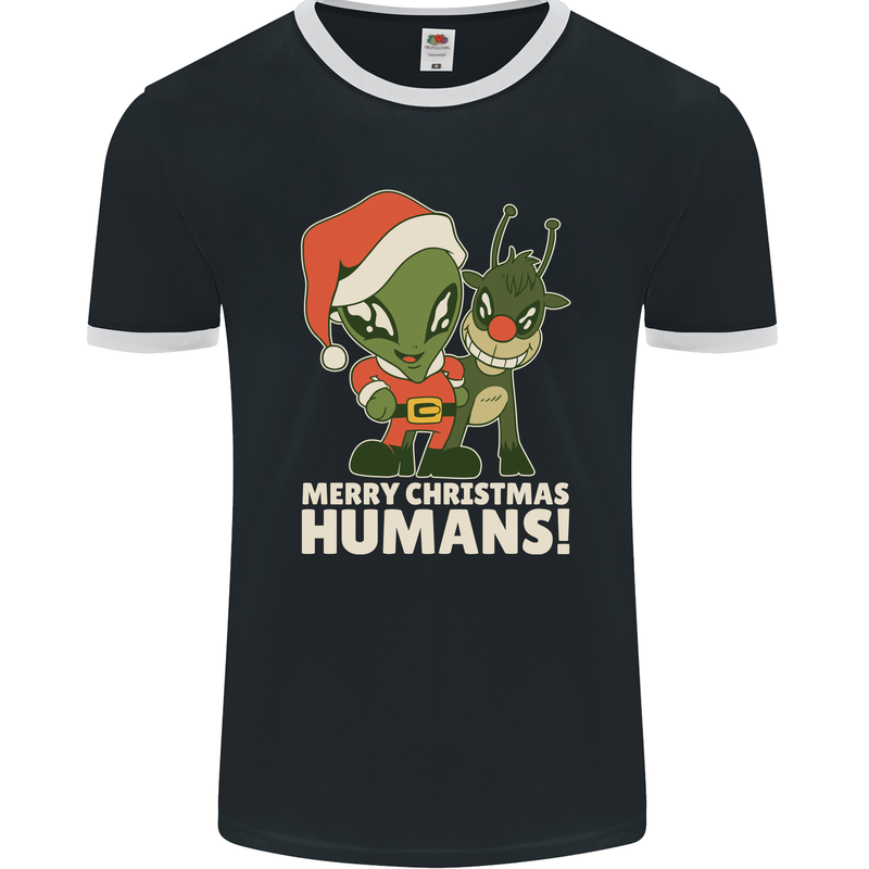 Merry Christmas Humans Funny Alien & Rudolf Xmas Mens Ringer T-Shirt FotL Black/White