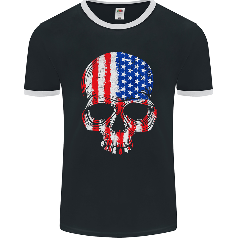 USA Skull America Stars and Stripes Flag Biker Mens Ringer T-Shirt FotL Black/White