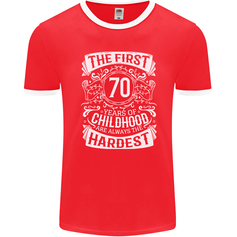 First 70 Years of Childhood Funny 70th Birthday Mens Ringer T-Shirt FotL Red/White