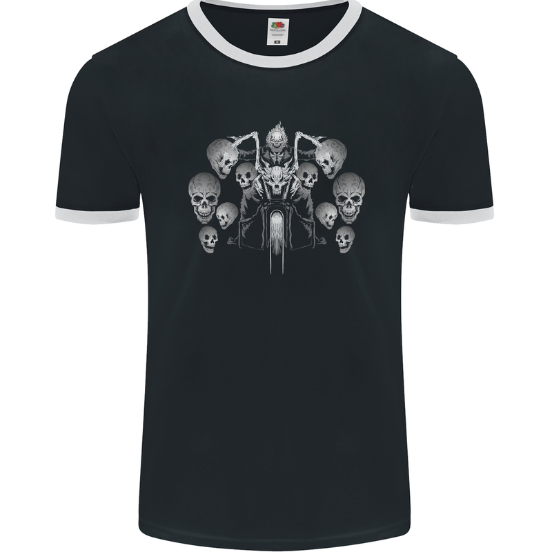 Motorcycle Skulls & Rider Motorbike Biker Mens Ringer T-Shirt FotL Black/White