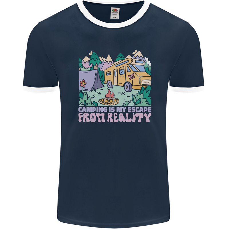 Camping is My Escape From Reality Caravan Mens Ringer T-Shirt FotL Navy Blue/White