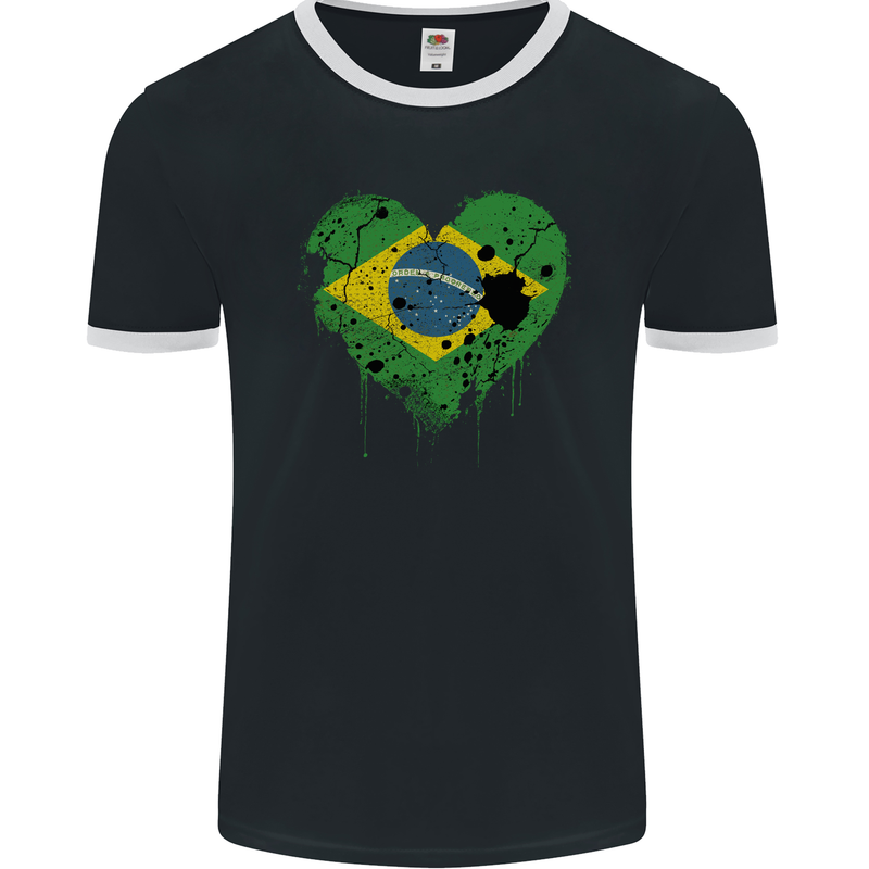 Love Brazil Flag Brazilian Day Football Mens Ringer T-Shirt FotL Black/White