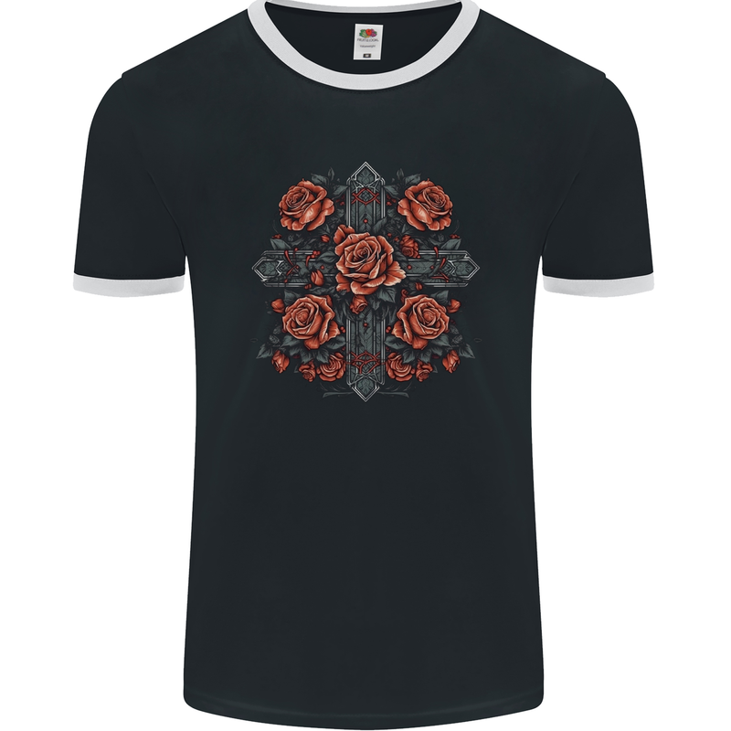 A Cross With Roses Mens Ringer T-Shirt FotL Black/White