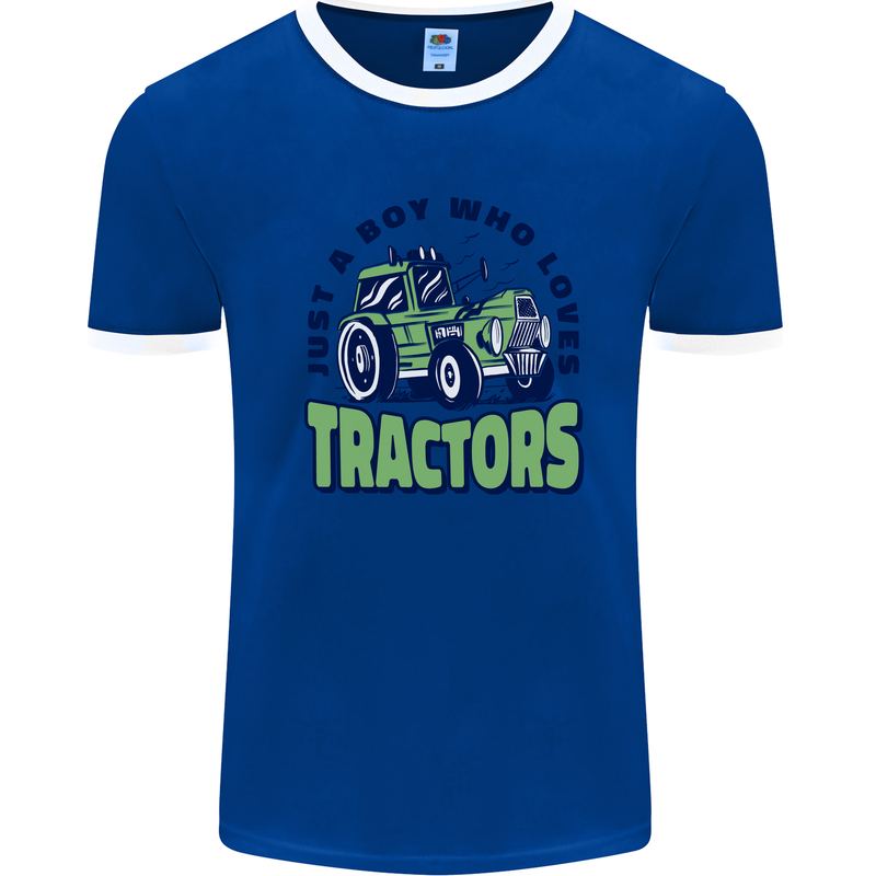 Just a Boy Who Loves Tractors Farmer Mens Ringer T-Shirt Royal Blue/White