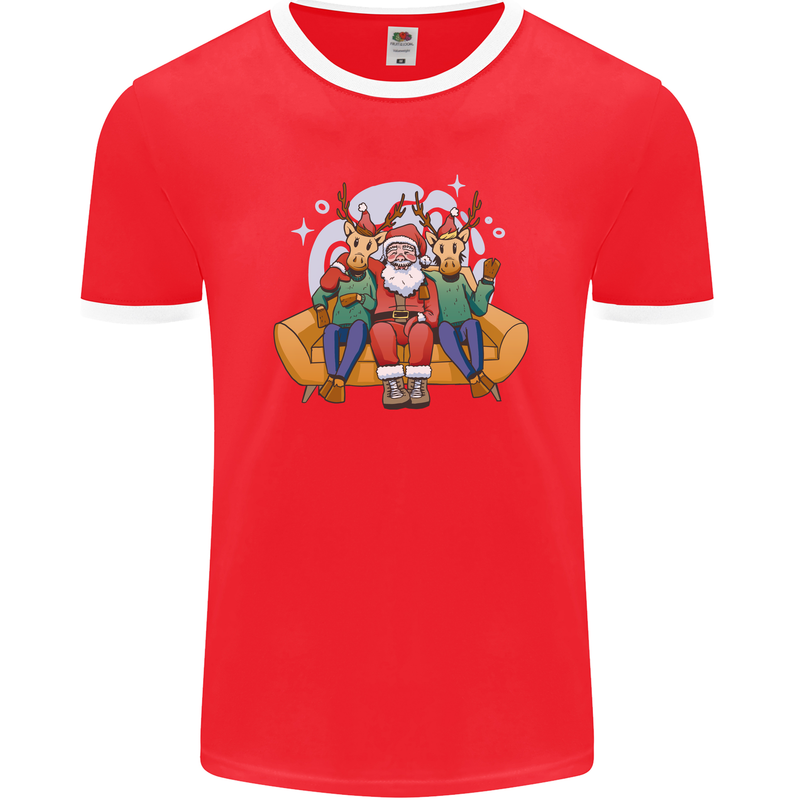 Santa Claus Chilling With Reindeers Christmas Xmas Mens Ringer T-Shirt FotL Red/White