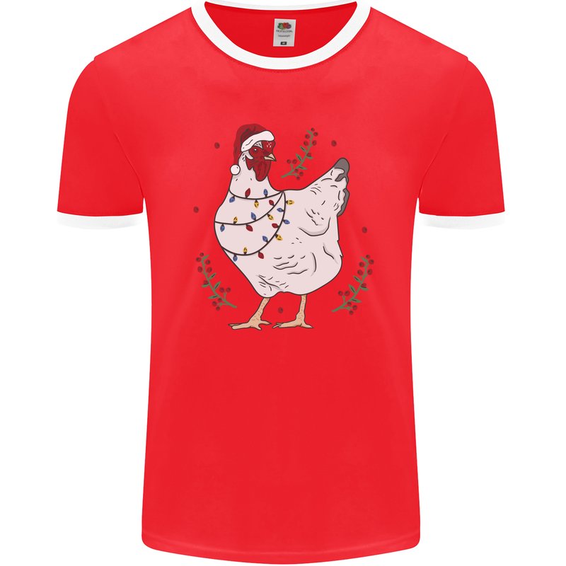 A Christmas Chicken Wearing an Xmas Hat Mens Ringer T-Shirt FotL Red/White