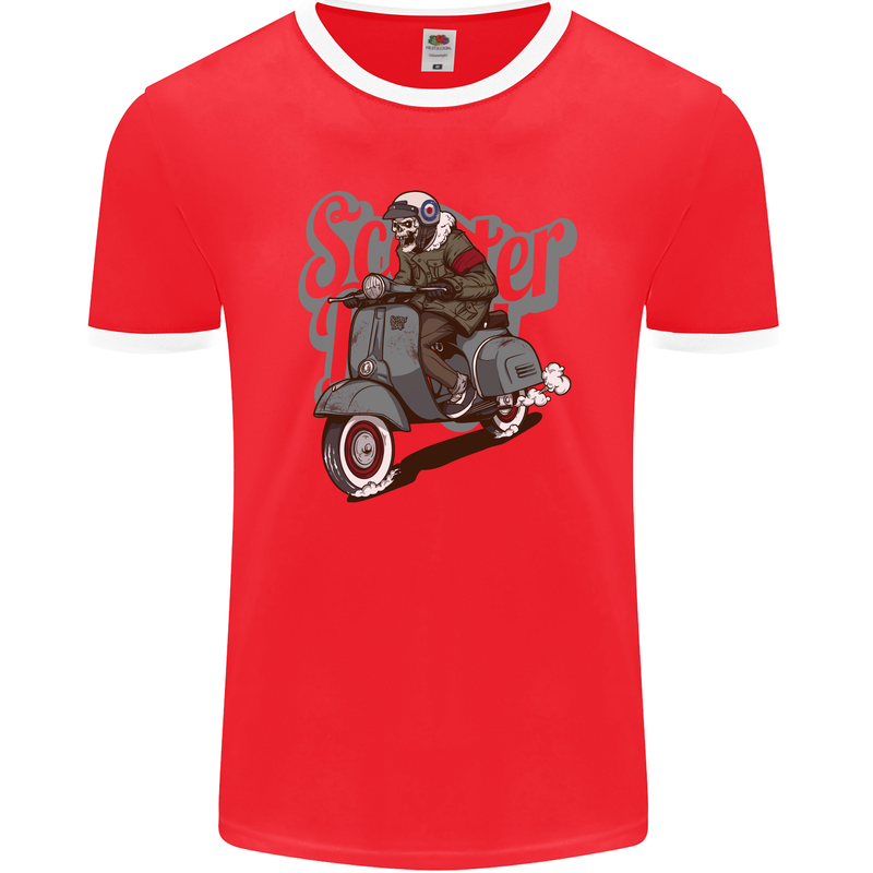 Scooter Skull Motorcycle MOD Biker Mens Ringer T-Shirt FotL Red/White
