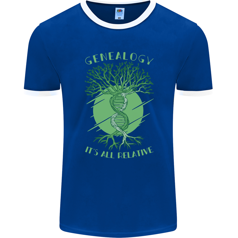 Genealogy Its All Relative Funny DNA Ancestry Mens Ringer T-Shirt FotL Royal Blue/White